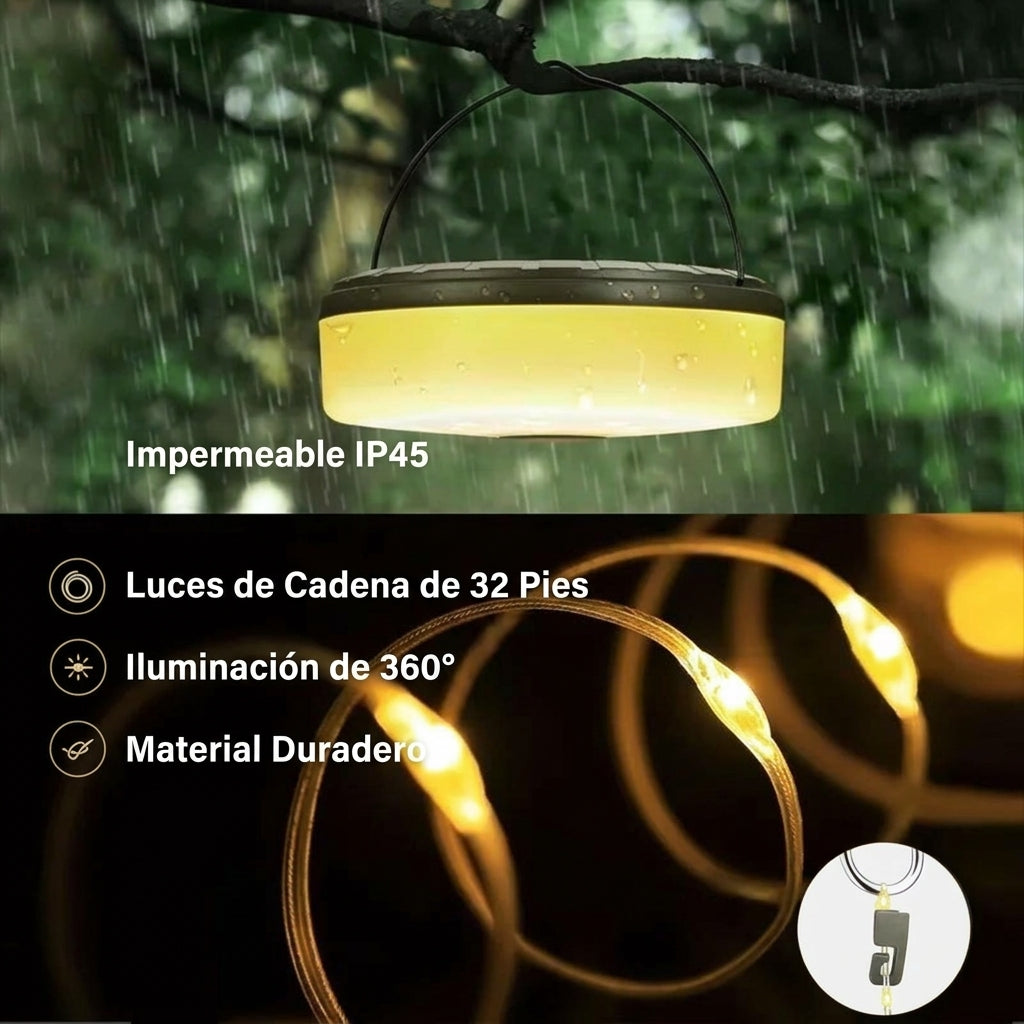 Luz Solar 4 en 1 · Guirnalda LED, linterna y cargador de celular sin enchufe