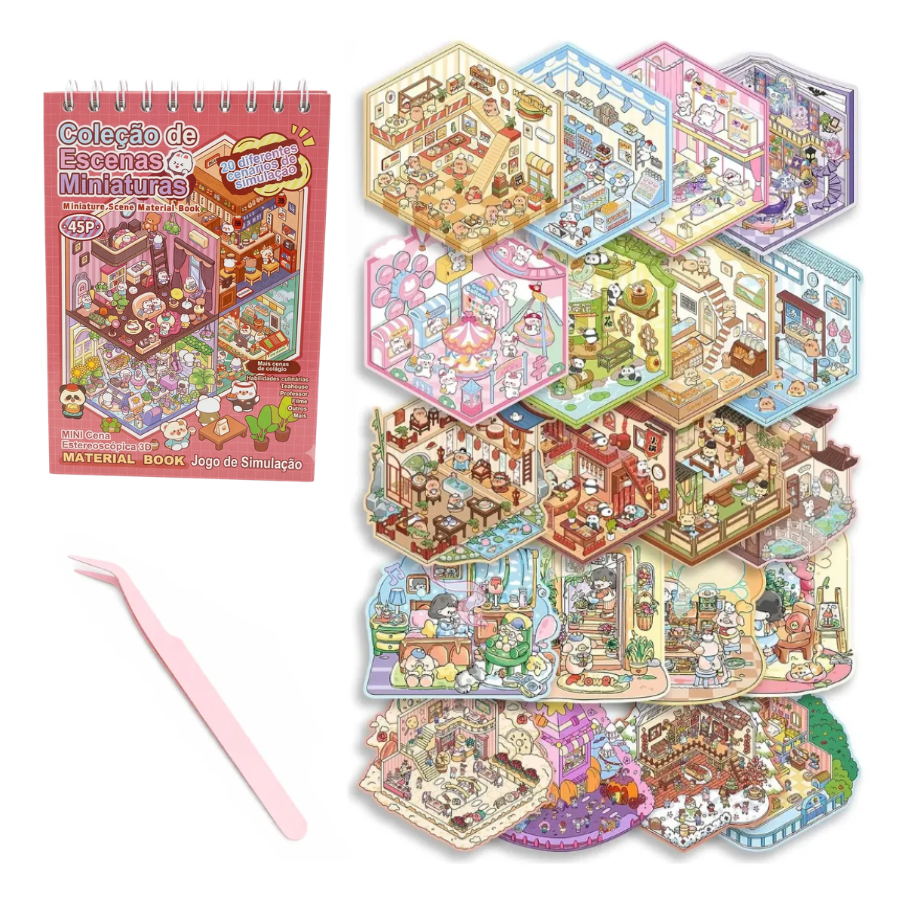 Libro de Escenas 3D con Stickers Reutilizables · 20 Escenarios + Pinza