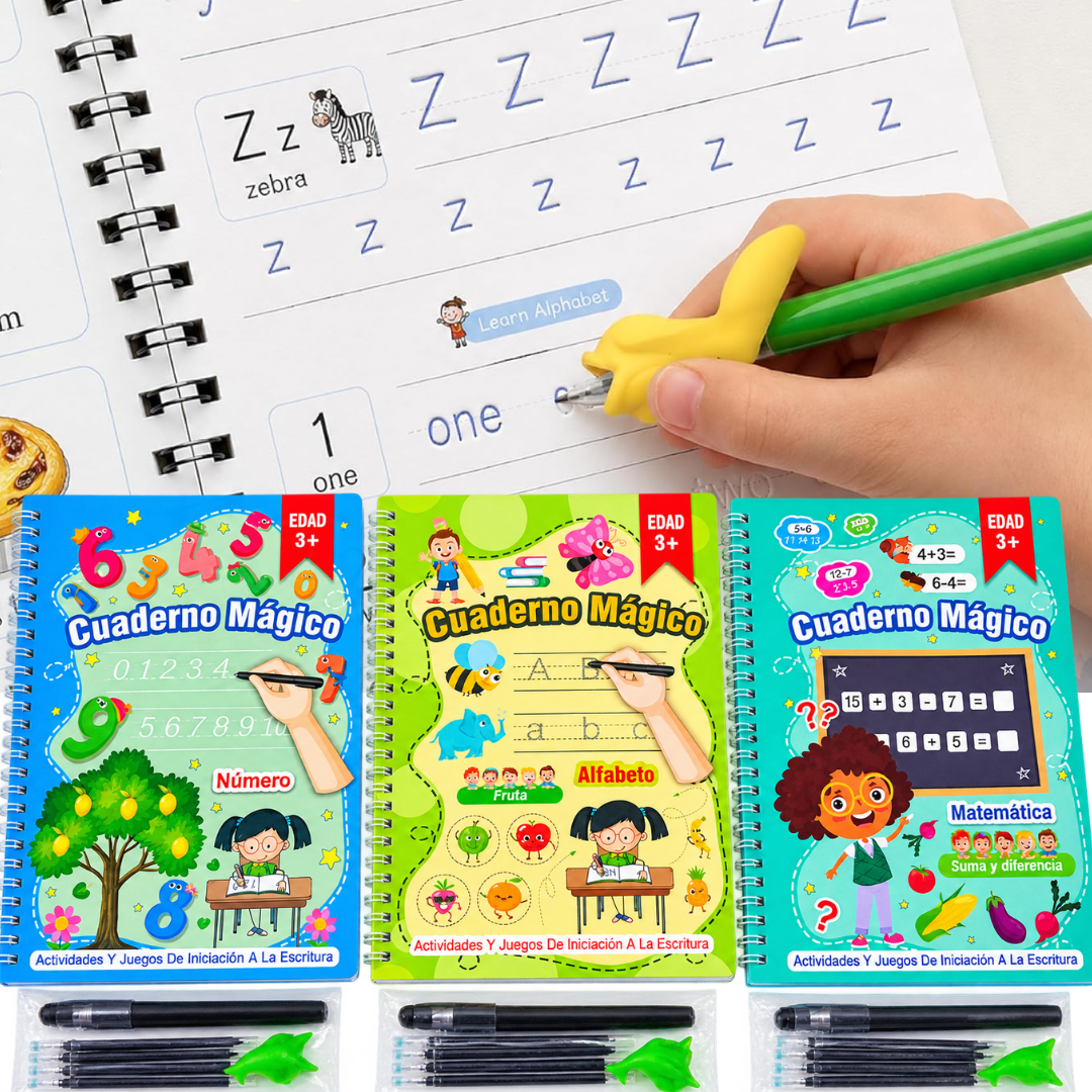 Set de 3 Cuadernos Mágicos Montessori · Reutilizables con Bolígrafo Mágic