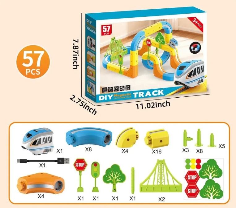 Tren Magnético Creativo 57 Piezas · Pistas Armables 3D + Tren USB Recargable
